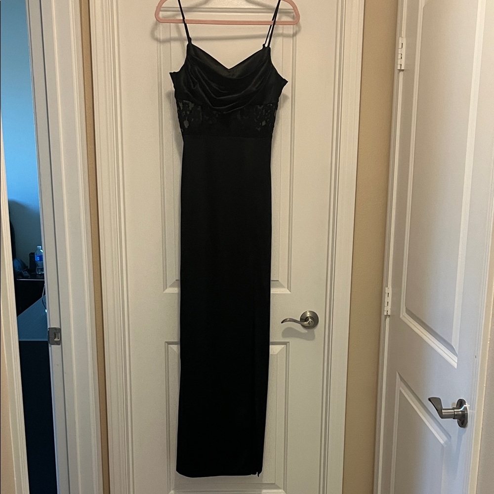 Elegant Long Black Satin and Lace Dress